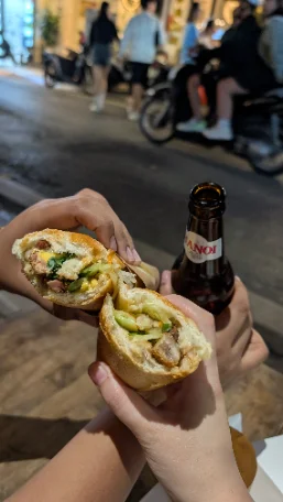 Bánh mì and a Hanoi beer on the street