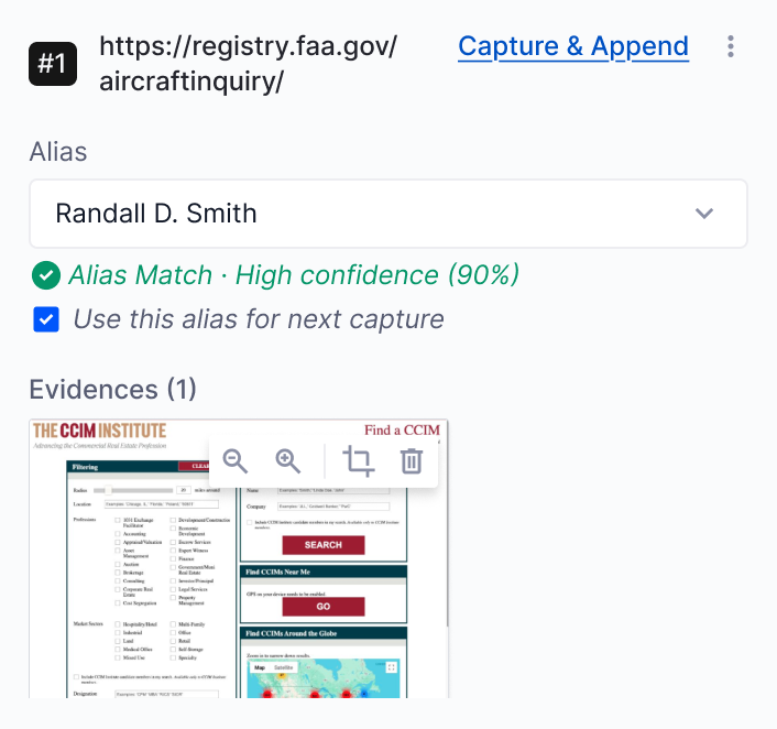 Manual capture evidence card with alias suggestion