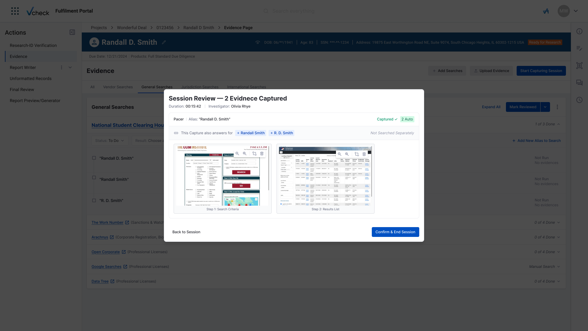 Session review modal confirming two auto-captured screenshots